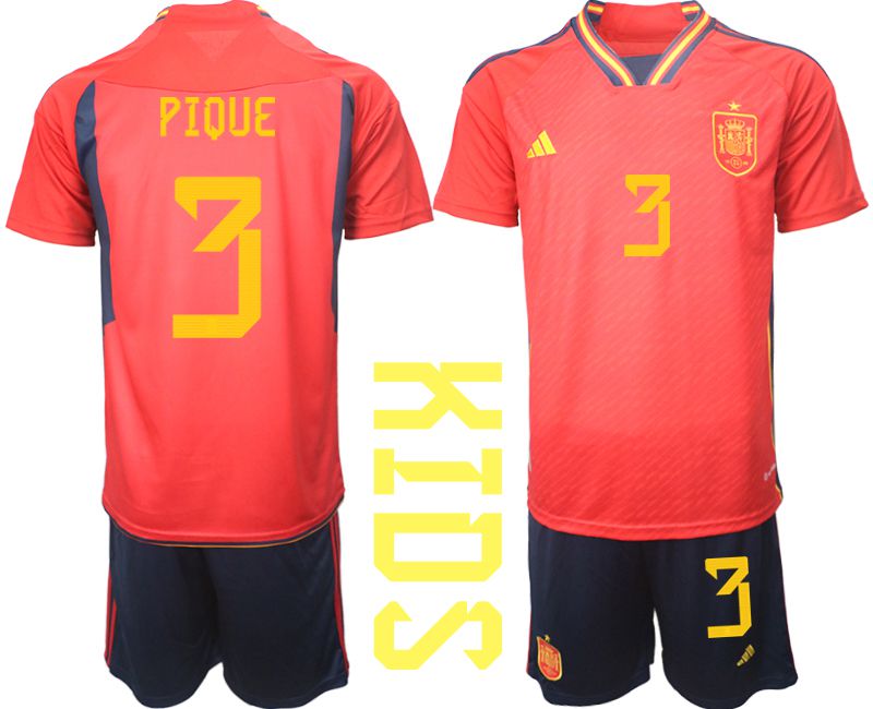 Youth 2022 World Cup National Team Spain home red #3 Soccer Jersey->youth soccer jersey->Youth Jersey